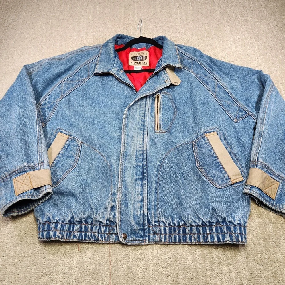 Vintage Levis Silvertab Jacket Men Medium Denim Chinstrap Bomber Insulated